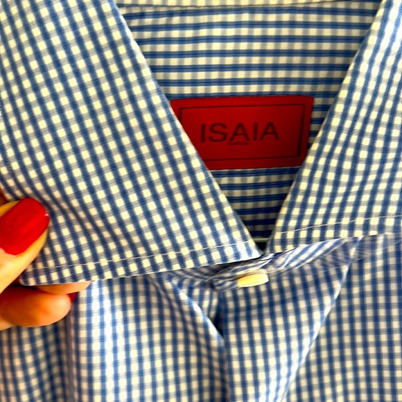 Isaia small checked blue and white long sleeve shirt. Worn once, like new. - Picture 1 of 5